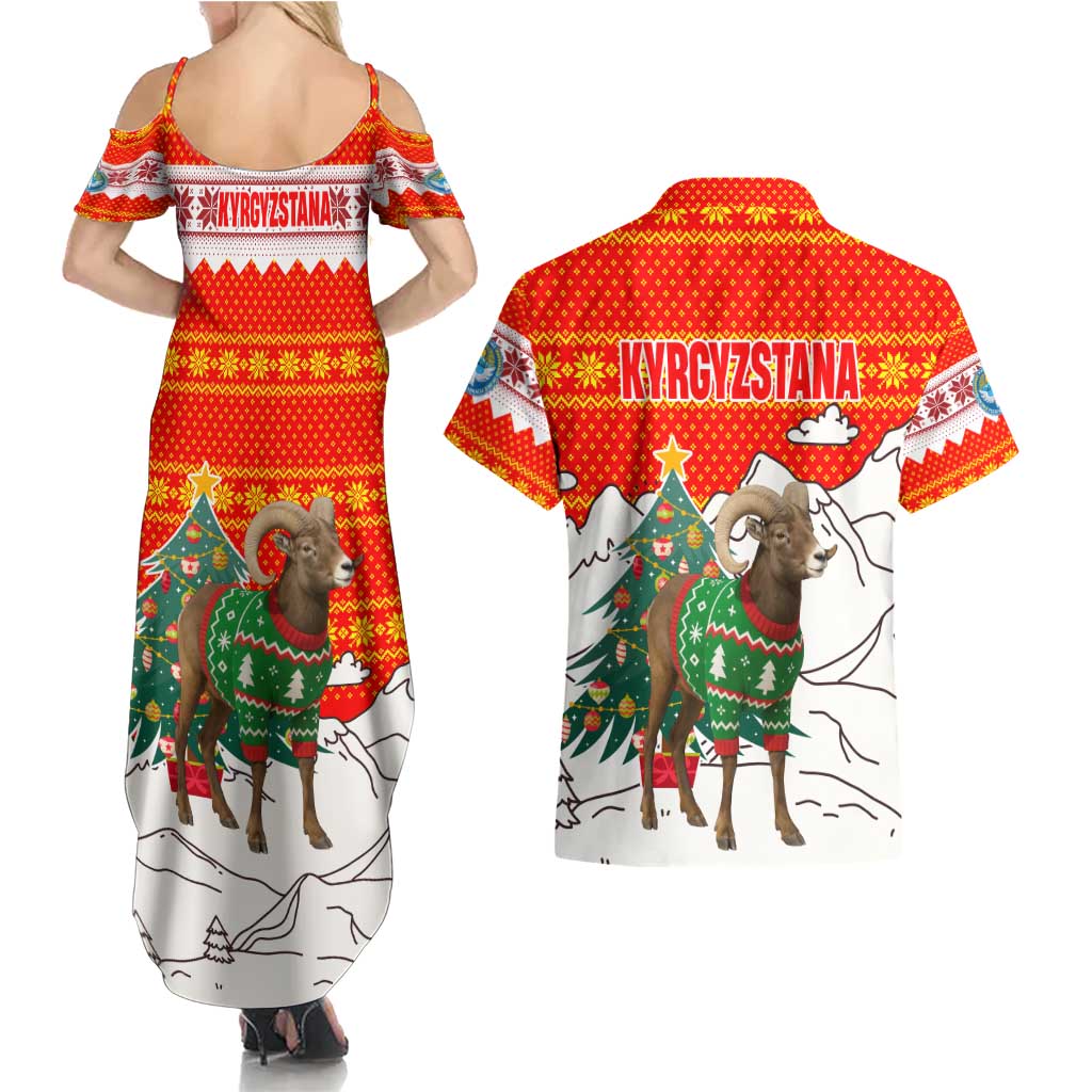 Kyrgyzstan Christmas Couples Matching Summer Maxi Dress and Hawaiian Shirt with Mountain Goat in Festive Red Snowflake Pattern and Holiday Tree - Wonder Print Shop