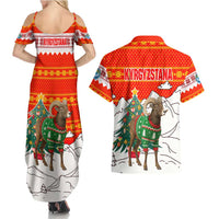 Kyrgyzstan Christmas Couples Matching Summer Maxi Dress and Hawaiian Shirt with Mountain Goat in Festive Red Snowflake Pattern and Holiday Tree - Wonder Print Shop