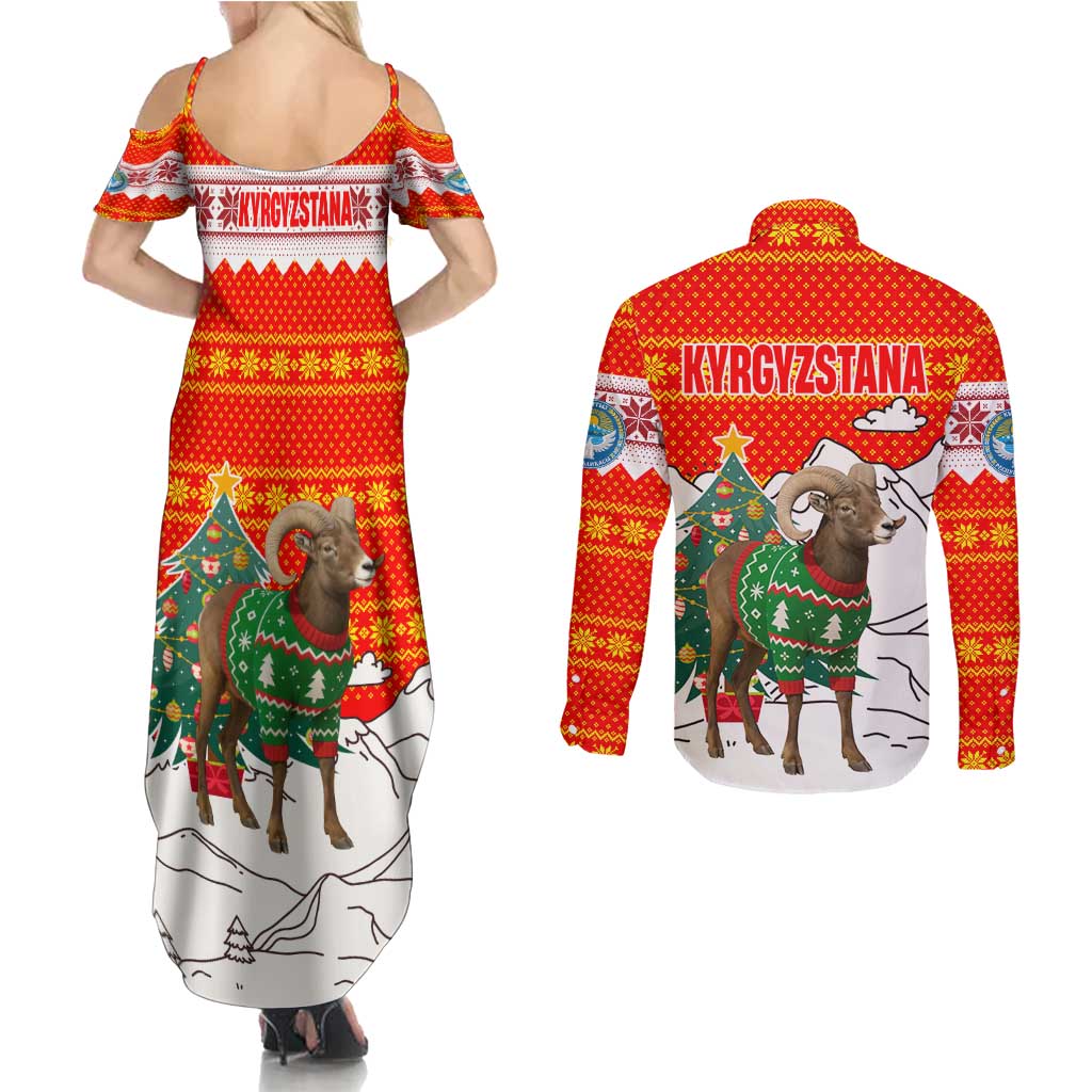 Kyrgyzstan Christmas Couples Matching Summer Maxi Dress and Long Sleeve Button Shirt with Mountain Goat in Festive Red Snowflake Pattern and Holiday Tree - Wonder Print Shop