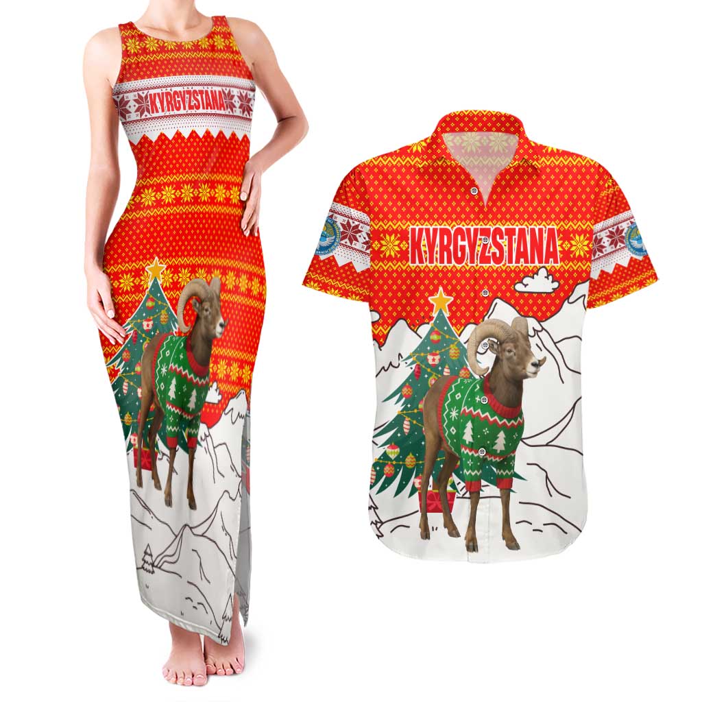 Kyrgyzstan Christmas Couples Matching Tank Maxi Dress and Hawaiian Shirt with Mountain Goat in Festive Red Snowflake Pattern and Holiday Tree - Wonder Print Shop