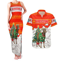 Kyrgyzstan Christmas Couples Matching Tank Maxi Dress and Hawaiian Shirt with Mountain Goat in Festive Red Snowflake Pattern and Holiday Tree - Wonder Print Shop
