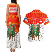 Kyrgyzstan Christmas Couples Matching Tank Maxi Dress and Hawaiian Shirt with Mountain Goat in Festive Red Snowflake Pattern and Holiday Tree - Wonder Print Shop
