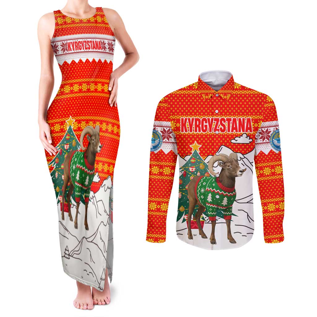 Kyrgyzstan Christmas Couples Matching Tank Maxi Dress and Long Sleeve Button Shirt with Mountain Goat in Festive Red Snowflake Pattern and Holiday Tree - Wonder Print Shop