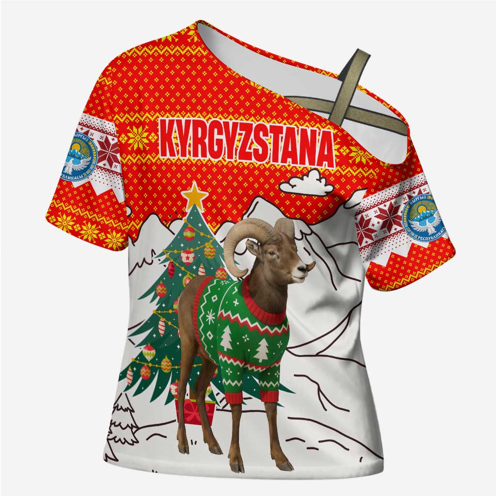 Kyrgyzstan Christmas Cross Shoulder Shirt with Mountain Goat in Festive Red Snowflake Pattern and Holiday Tree - Wonder Print Shop