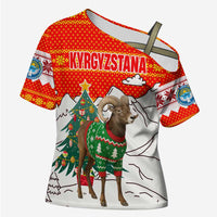 Kyrgyzstan Christmas Cross Shoulder Shirt with Mountain Goat in Festive Red Snowflake Pattern and Holiday Tree - Wonder Print Shop