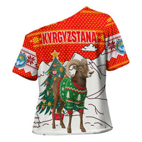 Kyrgyzstan Christmas Cross Shoulder Shirt with Mountain Goat in Festive Red Snowflake Pattern and Holiday Tree - Wonder Print Shop