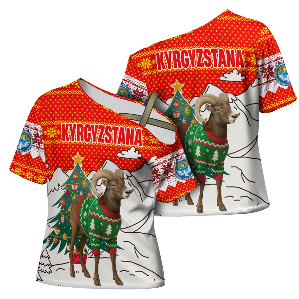 Kyrgyzstan Christmas Cross Shoulder Shirt with Mountain Goat in Festive Red Snowflake Pattern and Holiday Tree - Wonder Print Shop