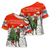Kyrgyzstan Christmas Cross Shoulder Shirt with Mountain Goat in Festive Red Snowflake Pattern and Holiday Tree - Wonder Print Shop