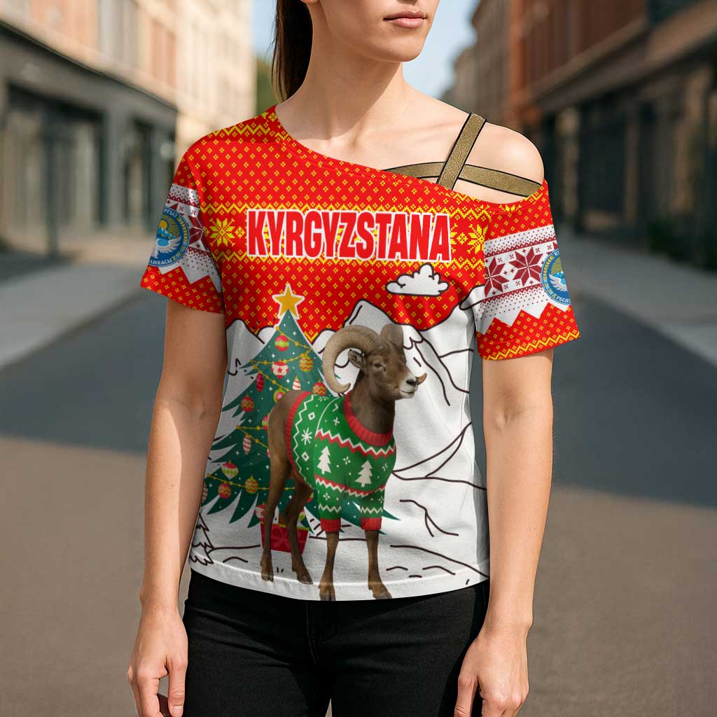 Kyrgyzstan Christmas Cross Shoulder Shirt with Mountain Goat in Festive Red Snowflake Pattern and Holiday Tree - Wonder Print Shop