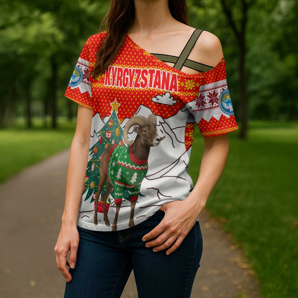 Kyrgyzstan Christmas Cross Shoulder Shirt with Mountain Goat in Festive Red Snowflake Pattern and Holiday Tree - Wonder Print Shop