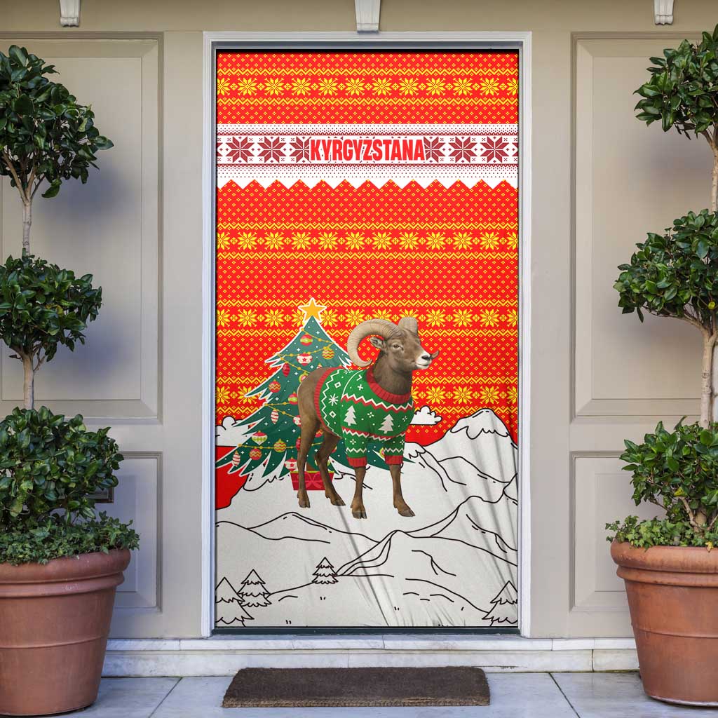 Kyrgyzstan Christmas Door Cover with Mountain Goat in Festive Red Snowflake Pattern and Holiday Tree - Wonder Print Shop