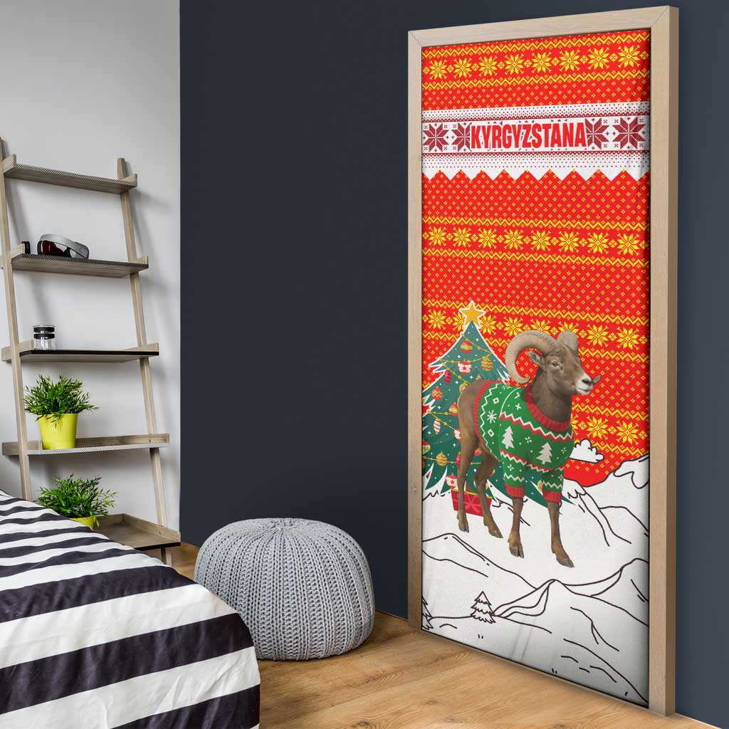Kyrgyzstan Christmas Door Cover with Mountain Goat in Festive Red Snowflake Pattern and Holiday Tree - Wonder Print Shop