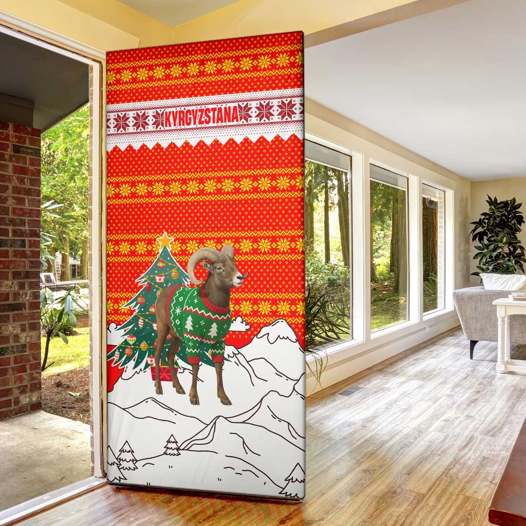 Kyrgyzstan Christmas Door Cover with Mountain Goat in Festive Red Snowflake Pattern and Holiday Tree - Wonder Print Shop