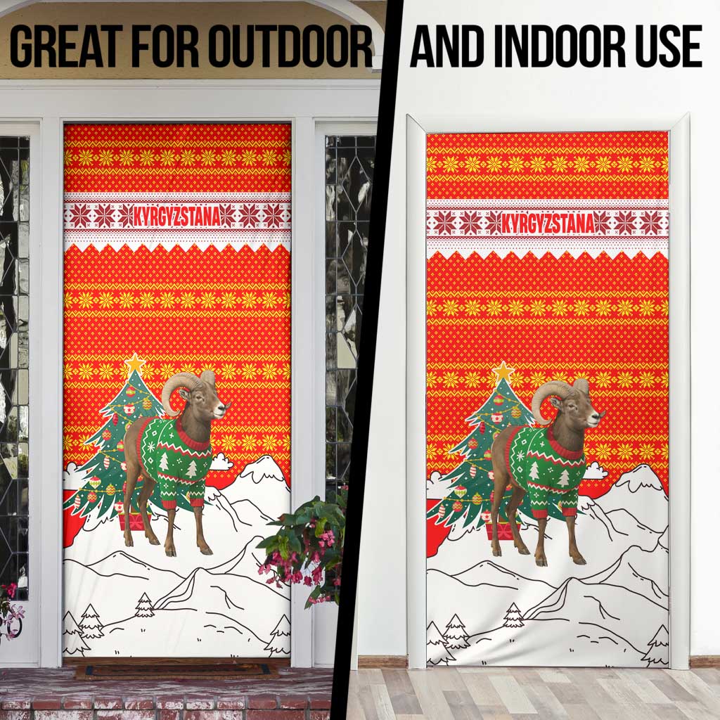 Kyrgyzstan Christmas Door Cover with Mountain Goat in Festive Red Snowflake Pattern and Holiday Tree - Wonder Print Shop