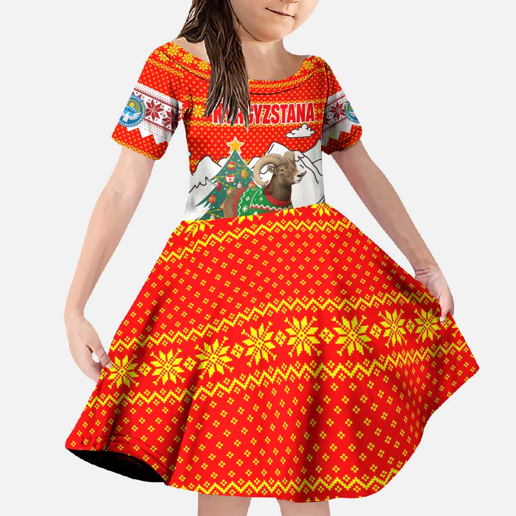 Kyrgyzstan Christmas Family Matching Long Sleeve Bodycon Dress and Hawaiian Shirt with Mountain Goat in Festive Red Snowflake Pattern and Holiday Tree - Wonder Print Shop