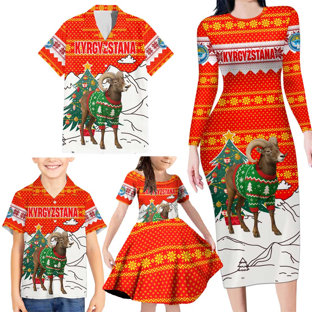 Kyrgyzstan Christmas Family Matching Long Sleeve Bodycon Dress and Hawaiian Shirt with Mountain Goat in Festive Red Snowflake Pattern and Holiday Tree - Wonder Print Shop