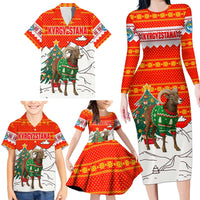Kyrgyzstan Christmas Family Matching Long Sleeve Bodycon Dress and Hawaiian Shirt with Mountain Goat in Festive Red Snowflake Pattern and Holiday Tree - Wonder Print Shop