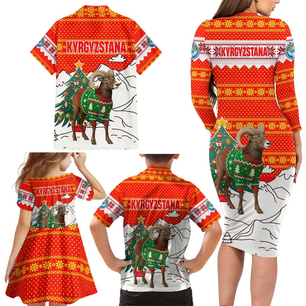 Kyrgyzstan Christmas Family Matching Long Sleeve Bodycon Dress and Hawaiian Shirt with Mountain Goat in Festive Red Snowflake Pattern and Holiday Tree - Wonder Print Shop