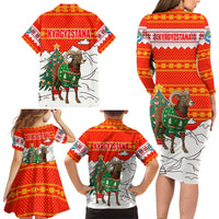 Kyrgyzstan Christmas Family Matching Long Sleeve Bodycon Dress and Hawaiian Shirt with Mountain Goat in Festive Red Snowflake Pattern and Holiday Tree - Wonder Print Shop
