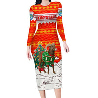 Kyrgyzstan Christmas Family Matching Long Sleeve Bodycon Dress and Hawaiian Shirt with Mountain Goat in Festive Red Snowflake Pattern and Holiday Tree - Wonder Print Shop