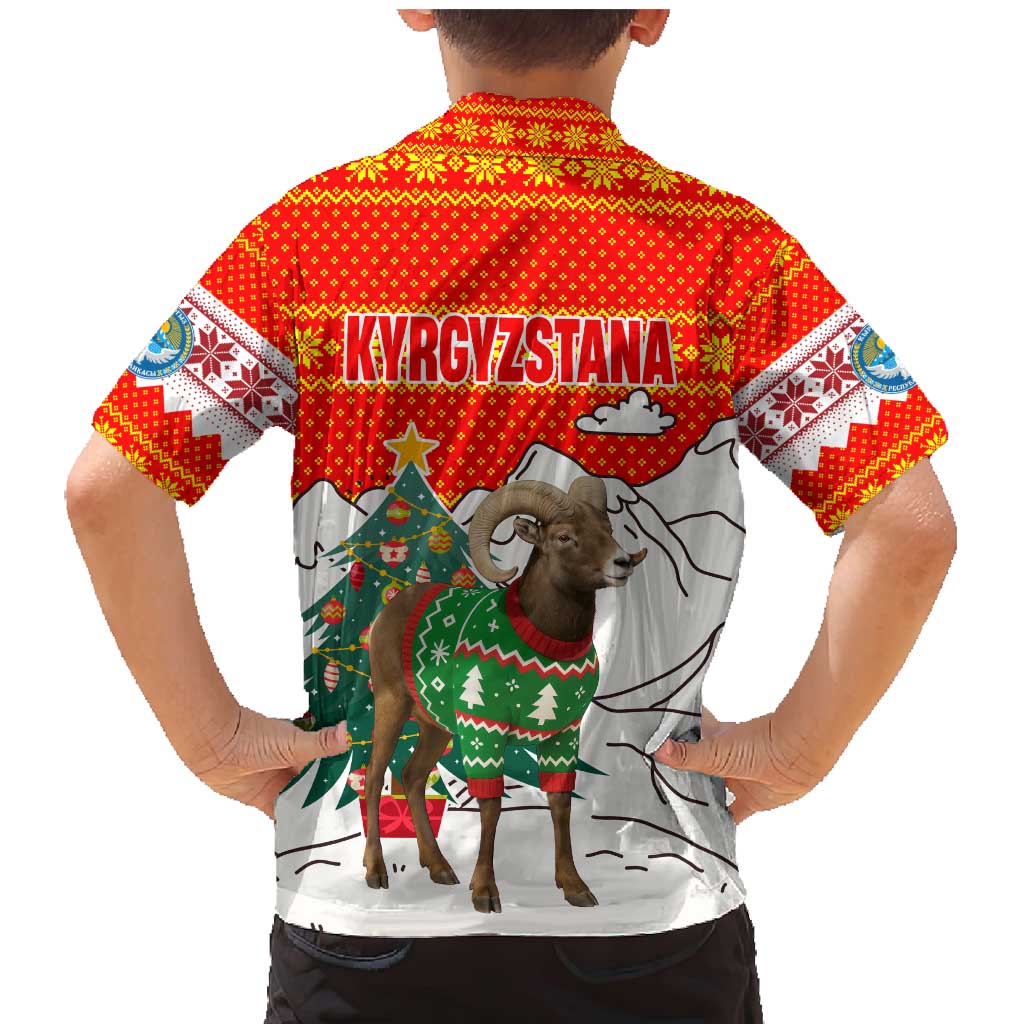 Kyrgyzstan Christmas Family Matching Mermaid Dress and Hawaiian Shirt with Mountain Goat in Festive Red Snowflake Pattern and Holiday Tree - Wonder Print Shop