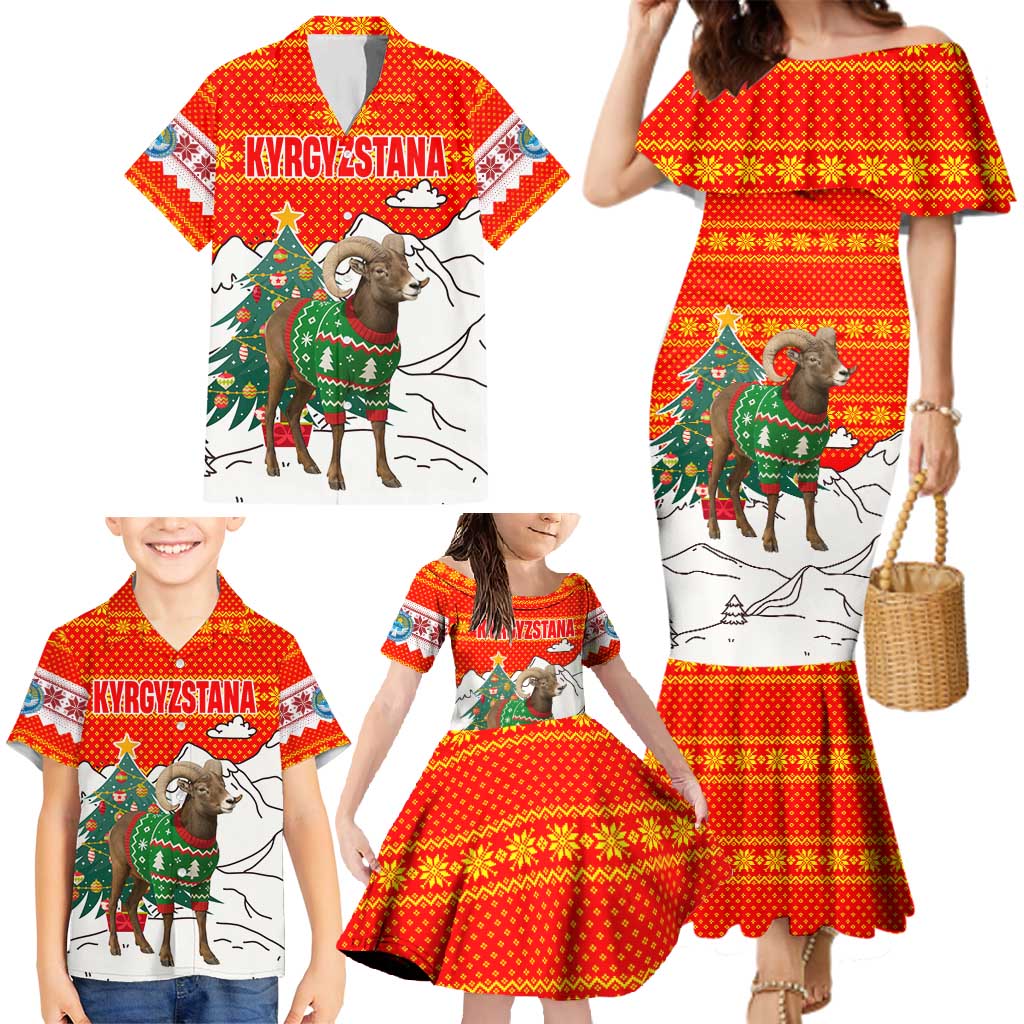 Kyrgyzstan Christmas Family Matching Mermaid Dress and Hawaiian Shirt with Mountain Goat in Festive Red Snowflake Pattern and Holiday Tree - Wonder Print Shop