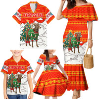 Kyrgyzstan Christmas Family Matching Mermaid Dress and Hawaiian Shirt with Mountain Goat in Festive Red Snowflake Pattern and Holiday Tree - Wonder Print Shop