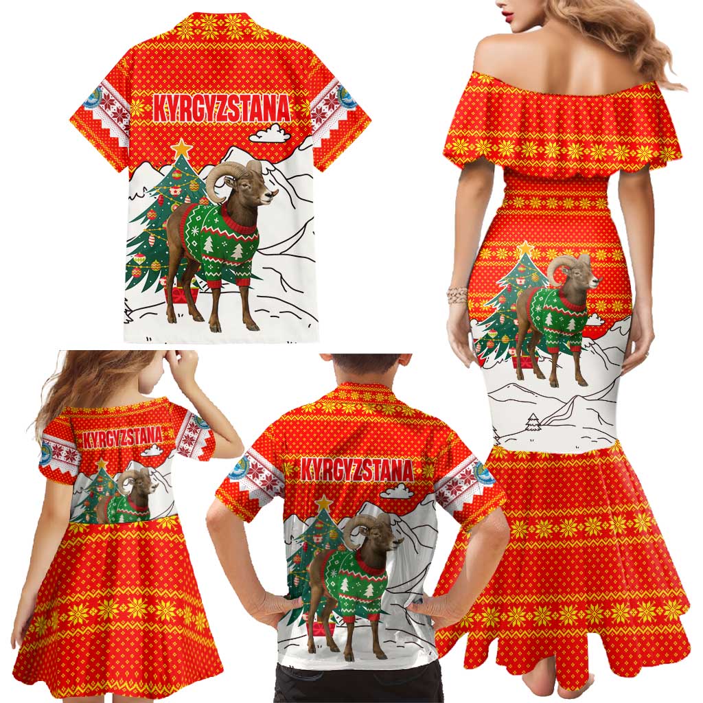 Kyrgyzstan Christmas Family Matching Mermaid Dress and Hawaiian Shirt with Mountain Goat in Festive Red Snowflake Pattern and Holiday Tree - Wonder Print Shop