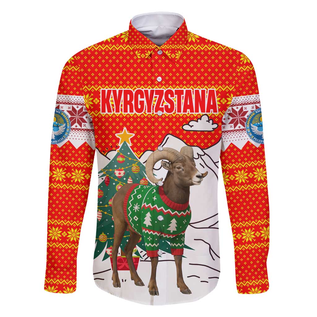 Kyrgyzstan Christmas Family Matching Mermaid Dress and Hawaiian Shirt with Mountain Goat in Festive Red Snowflake Pattern and Holiday Tree - Wonder Print Shop