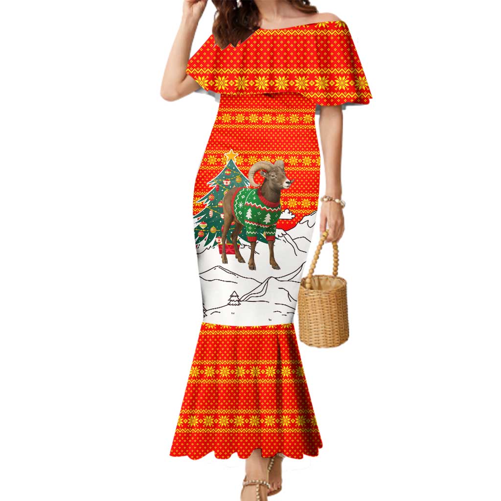 Kyrgyzstan Christmas Family Matching Mermaid Dress and Hawaiian Shirt with Mountain Goat in Festive Red Snowflake Pattern and Holiday Tree - Wonder Print Shop