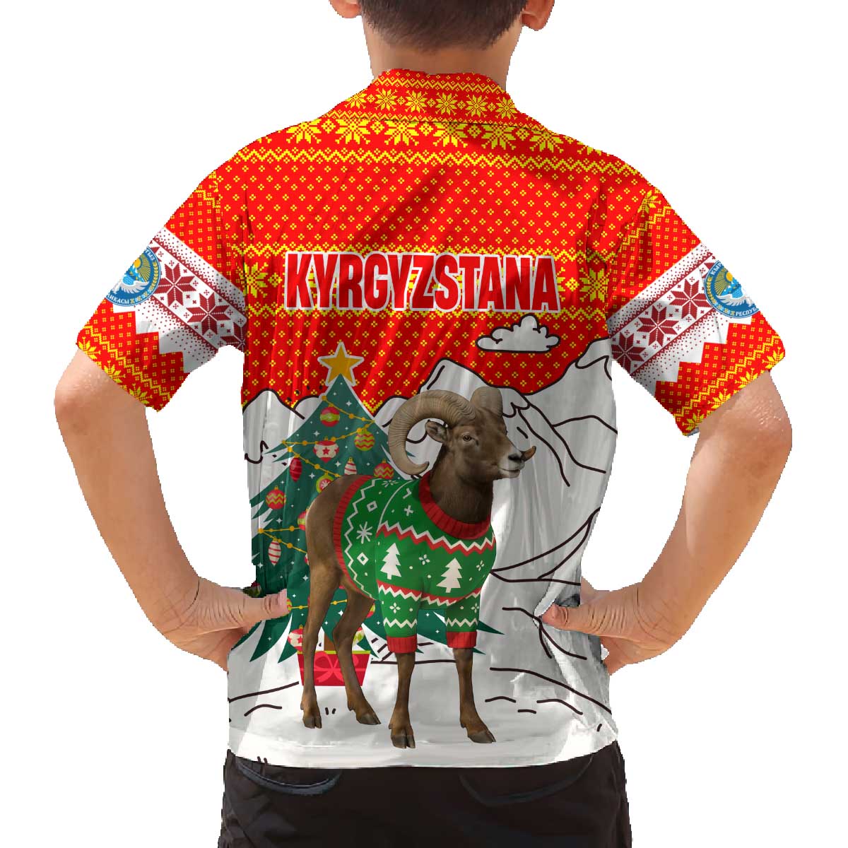 Kyrgyzstan Christmas Family Matching Off The Shoulder Long Sleeve Dress and Hawaiian Shirt with Mountain Goat in Festive Red Snowflake Pattern and Holiday Tree - Wonder Print Shop