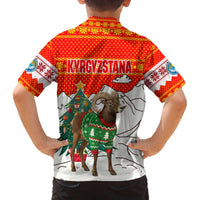 Kyrgyzstan Christmas Family Matching Off The Shoulder Long Sleeve Dress and Hawaiian Shirt with Mountain Goat in Festive Red Snowflake Pattern and Holiday Tree - Wonder Print Shop