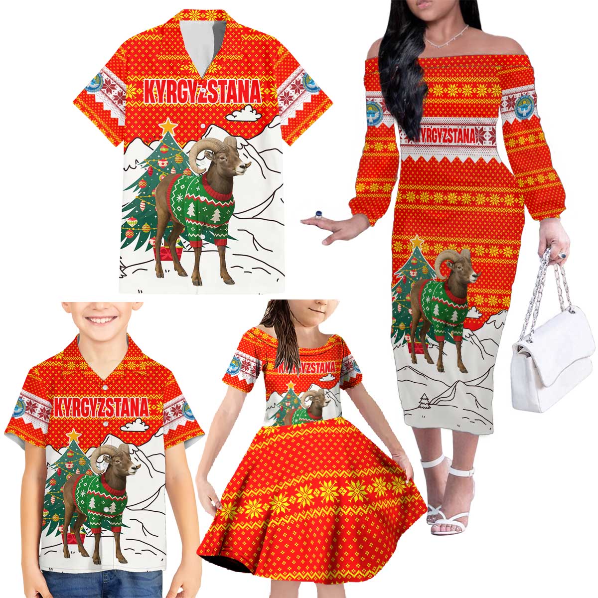 Kyrgyzstan Christmas Family Matching Off The Shoulder Long Sleeve Dress and Hawaiian Shirt with Mountain Goat in Festive Red Snowflake Pattern and Holiday Tree - Wonder Print Shop