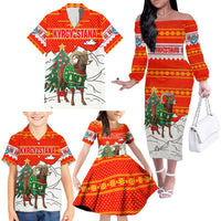 Kyrgyzstan Christmas Family Matching Off The Shoulder Long Sleeve Dress and Hawaiian Shirt with Mountain Goat in Festive Red Snowflake Pattern and Holiday Tree - Wonder Print Shop