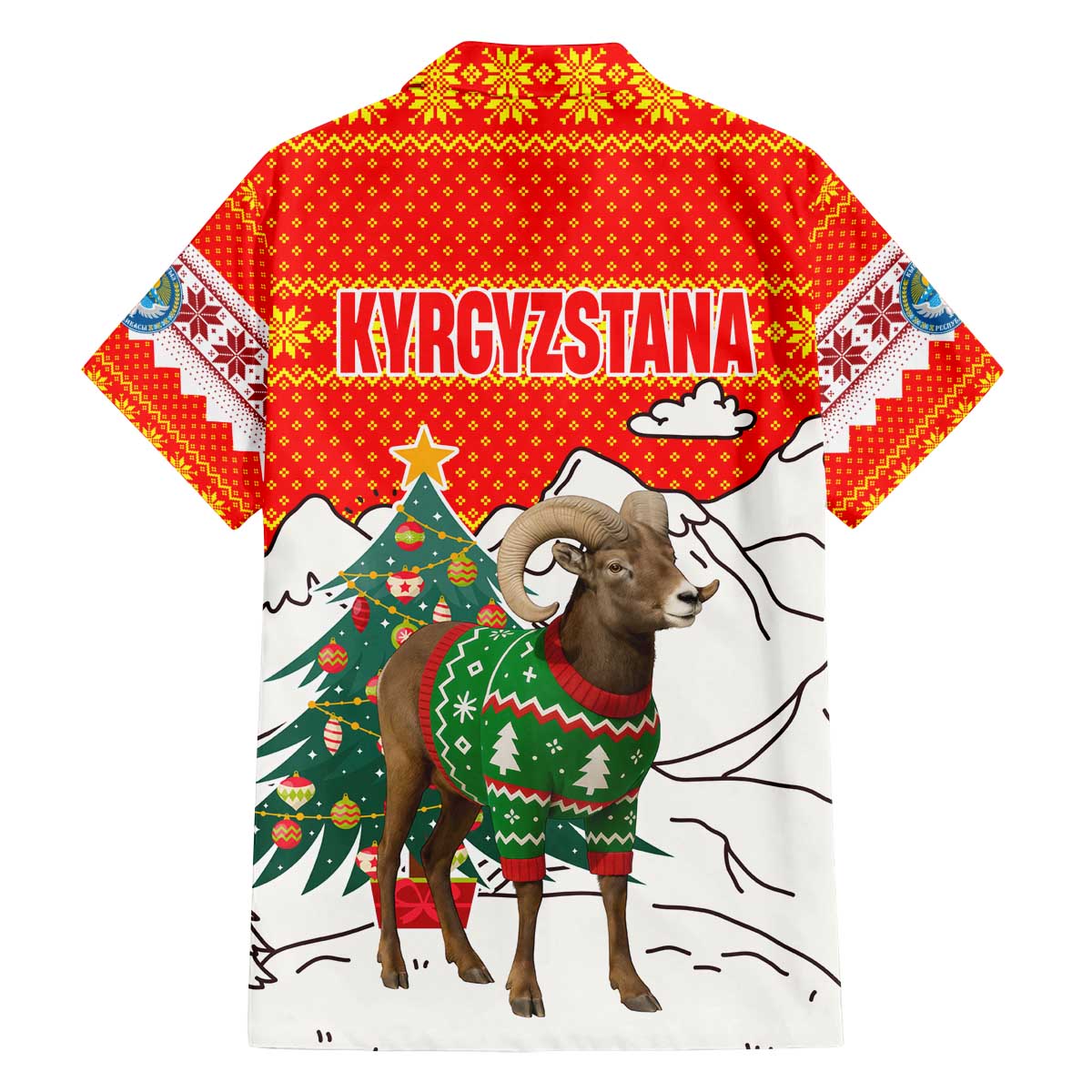 Kyrgyzstan Christmas Family Matching Off The Shoulder Long Sleeve Dress and Hawaiian Shirt with Mountain Goat in Festive Red Snowflake Pattern and Holiday Tree - Wonder Print Shop