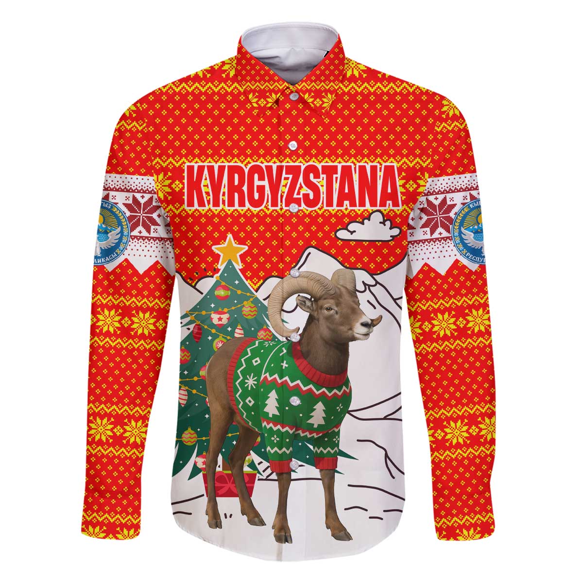 Kyrgyzstan Christmas Family Matching Off The Shoulder Long Sleeve Dress and Hawaiian Shirt with Mountain Goat in Festive Red Snowflake Pattern and Holiday Tree - Wonder Print Shop