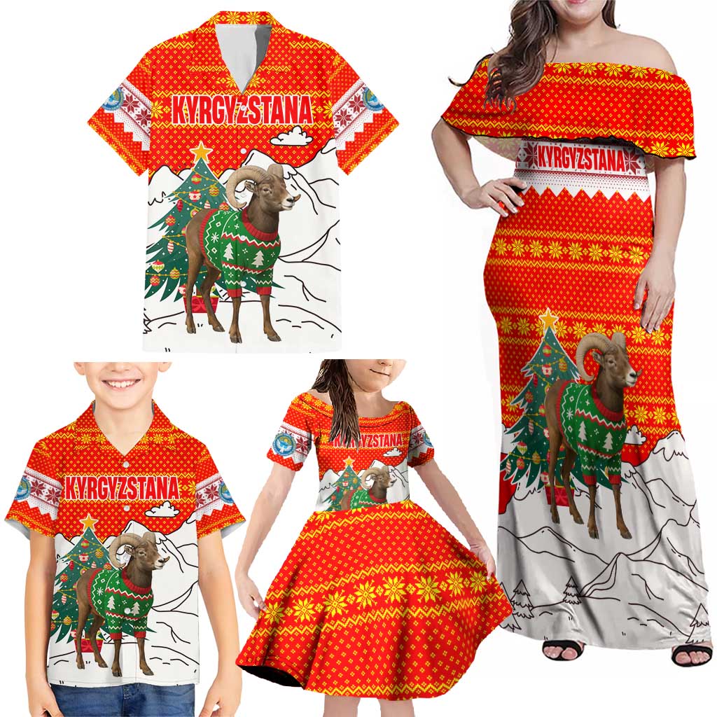 Kyrgyzstan Christmas Family Matching Off Shoulder Maxi Dress and Hawaiian Shirt with Mountain Goat in Festive Red Snowflake Pattern and Holiday Tree - Wonder Print Shop