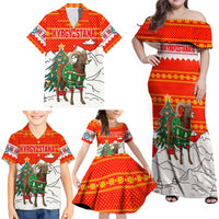 Kyrgyzstan Christmas Family Matching Off Shoulder Maxi Dress and Hawaiian Shirt with Mountain Goat in Festive Red Snowflake Pattern and Holiday Tree - Wonder Print Shop