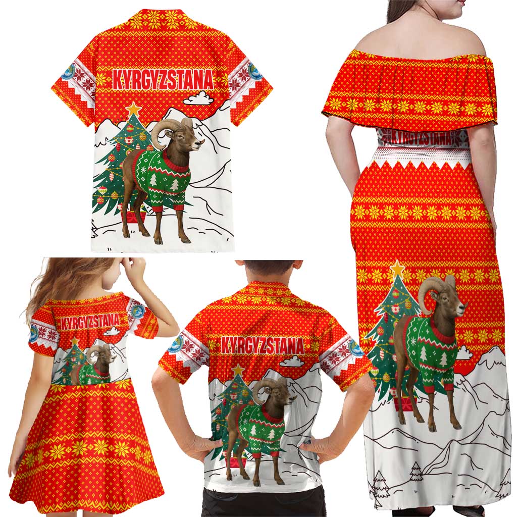 Kyrgyzstan Christmas Family Matching Off Shoulder Maxi Dress and Hawaiian Shirt with Mountain Goat in Festive Red Snowflake Pattern and Holiday Tree - Wonder Print Shop