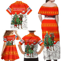 Kyrgyzstan Christmas Family Matching Off Shoulder Maxi Dress and Hawaiian Shirt with Mountain Goat in Festive Red Snowflake Pattern and Holiday Tree - Wonder Print Shop