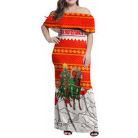 Kyrgyzstan Christmas Family Matching Off Shoulder Maxi Dress and Hawaiian Shirt with Mountain Goat in Festive Red Snowflake Pattern and Holiday Tree - Wonder Print Shop