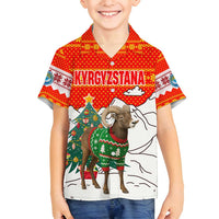 Kyrgyzstan Christmas Family Matching Off Shoulder Maxi Dress and Hawaiian Shirt with Mountain Goat in Festive Red Snowflake Pattern and Holiday Tree - Wonder Print Shop