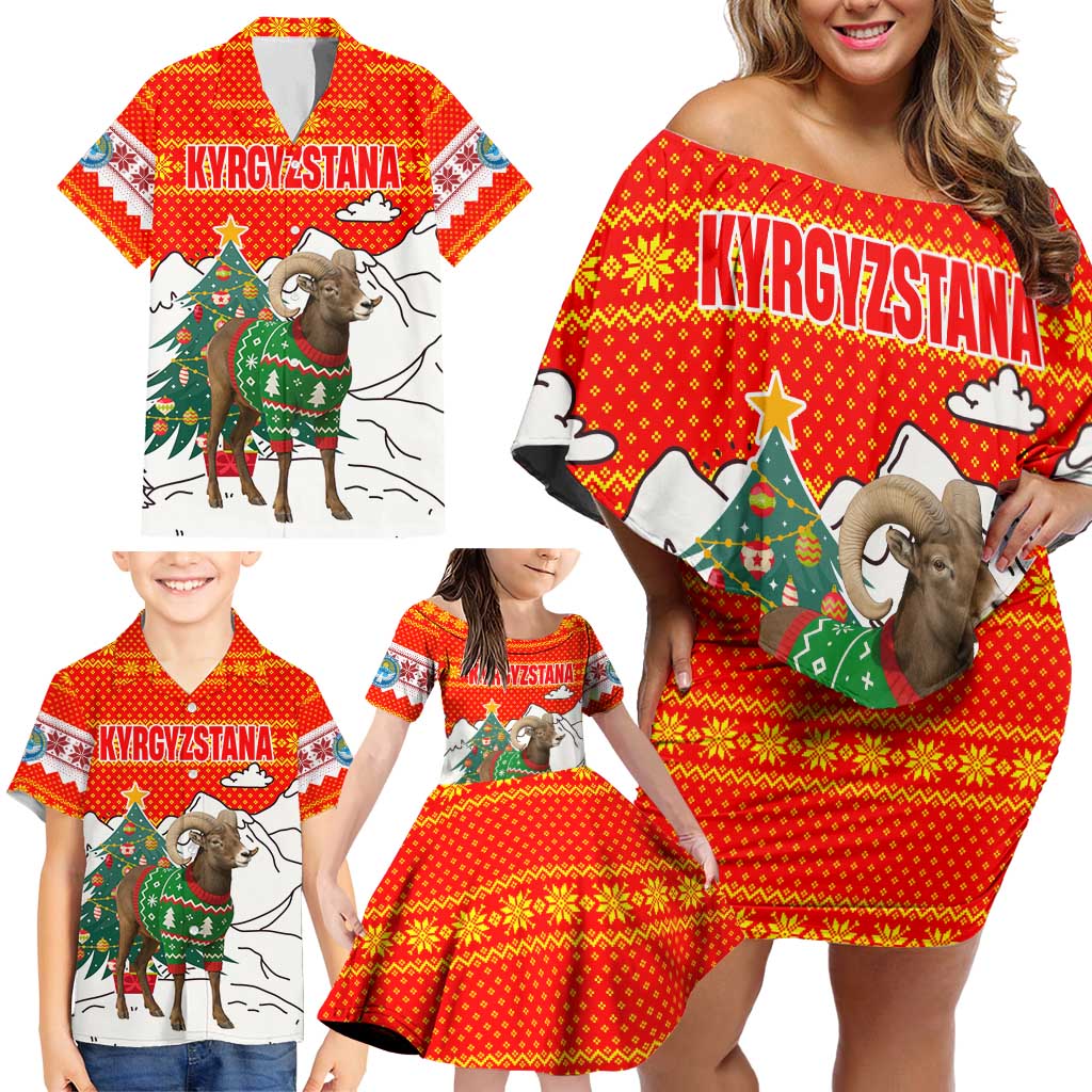 Kyrgyzstan Christmas Family Matching Off Shoulder Short Dress and Hawaiian Shirt with Mountain Goat in Festive Red Snowflake Pattern and Holiday Tree - Wonder Print Shop