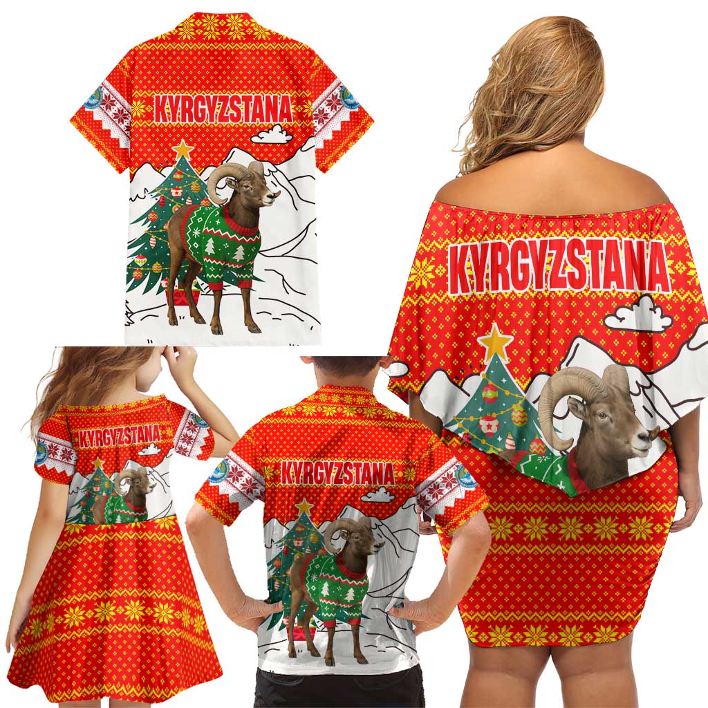 Kyrgyzstan Christmas Family Matching Off Shoulder Short Dress and Hawaiian Shirt with Mountain Goat in Festive Red Snowflake Pattern and Holiday Tree - Wonder Print Shop