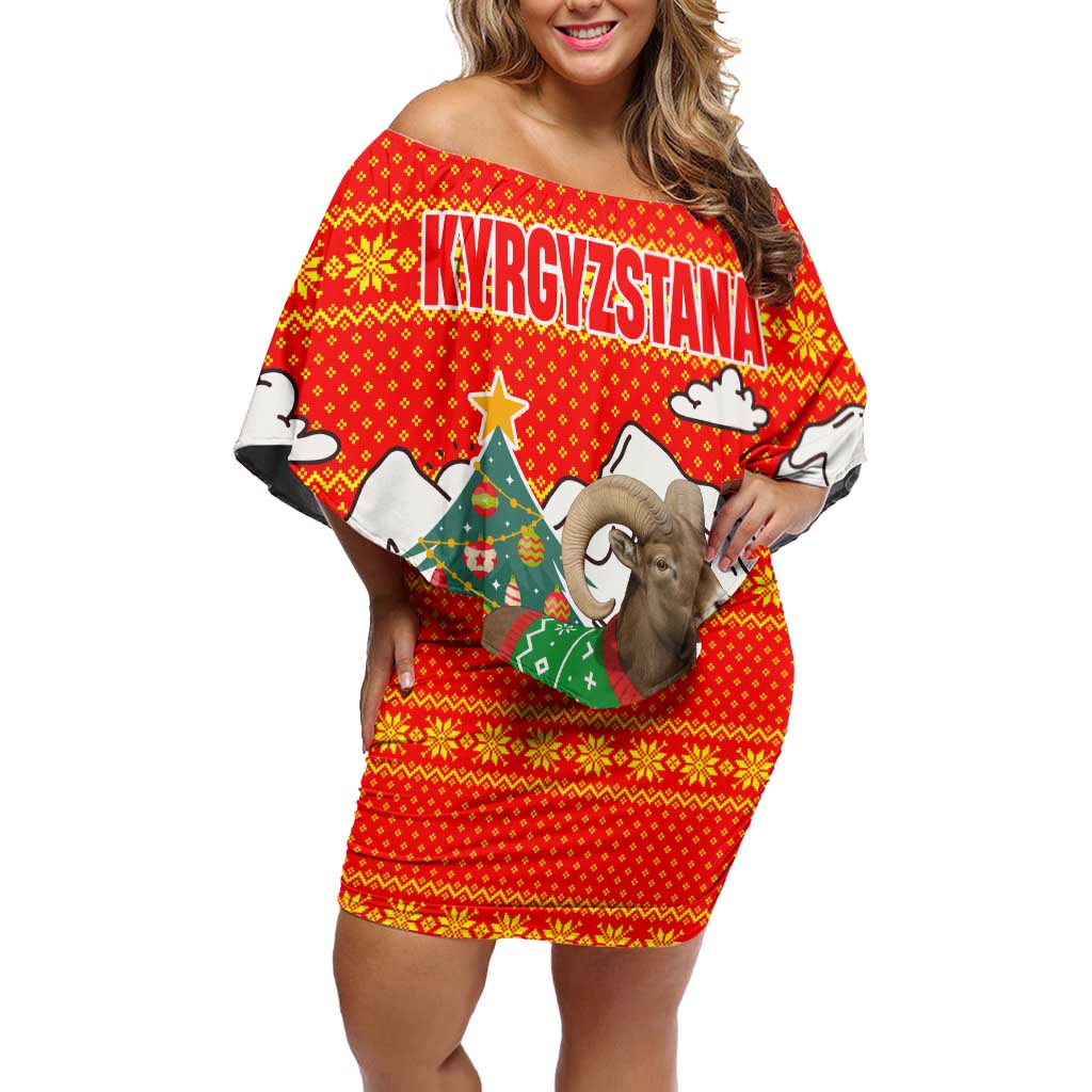 Kyrgyzstan Christmas Family Matching Off Shoulder Short Dress and Hawaiian Shirt with Mountain Goat in Festive Red Snowflake Pattern and Holiday Tree - Wonder Print Shop