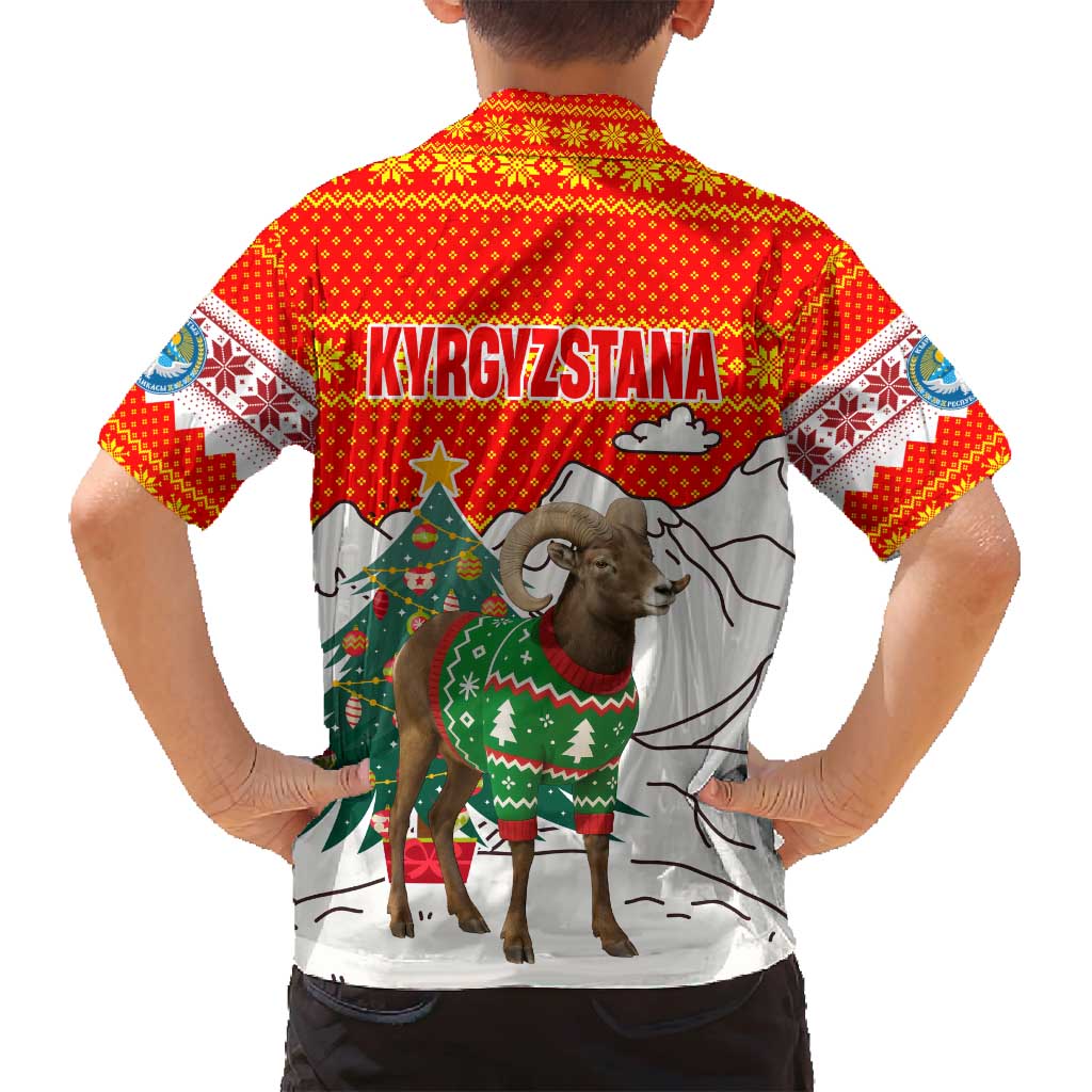 Kyrgyzstan Christmas Family Matching Puletasi and Hawaiian Shirt with Mountain Goat in Festive Red Snowflake Pattern and Holiday Tree - Wonder Print Shop