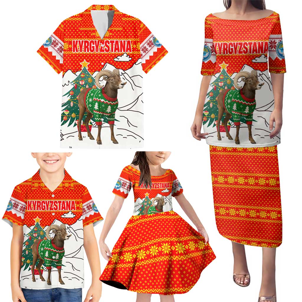 Kyrgyzstan Christmas Family Matching Puletasi and Hawaiian Shirt with Mountain Goat in Festive Red Snowflake Pattern and Holiday Tree - Wonder Print Shop