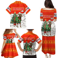 Kyrgyzstan Christmas Family Matching Puletasi and Hawaiian Shirt with Mountain Goat in Festive Red Snowflake Pattern and Holiday Tree - Wonder Print Shop
