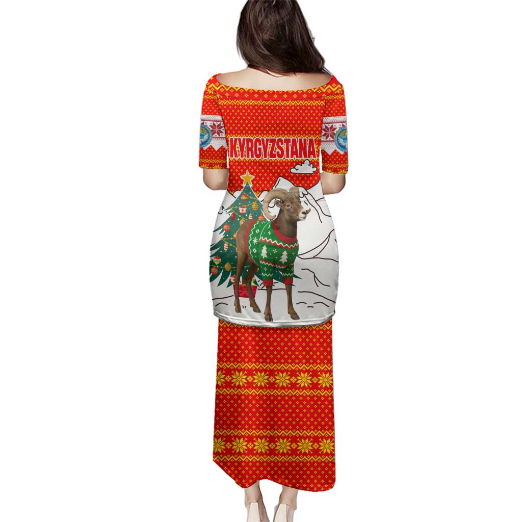 Kyrgyzstan Christmas Family Matching Puletasi and Hawaiian Shirt with Mountain Goat in Festive Red Snowflake Pattern and Holiday Tree - Wonder Print Shop