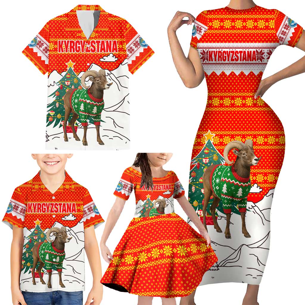 Kyrgyzstan Christmas Family Matching Short Sleeve Bodycon Dress and Hawaiian Shirt with Mountain Goat in Festive Red Snowflake Pattern and Holiday Tree - Wonder Print Shop